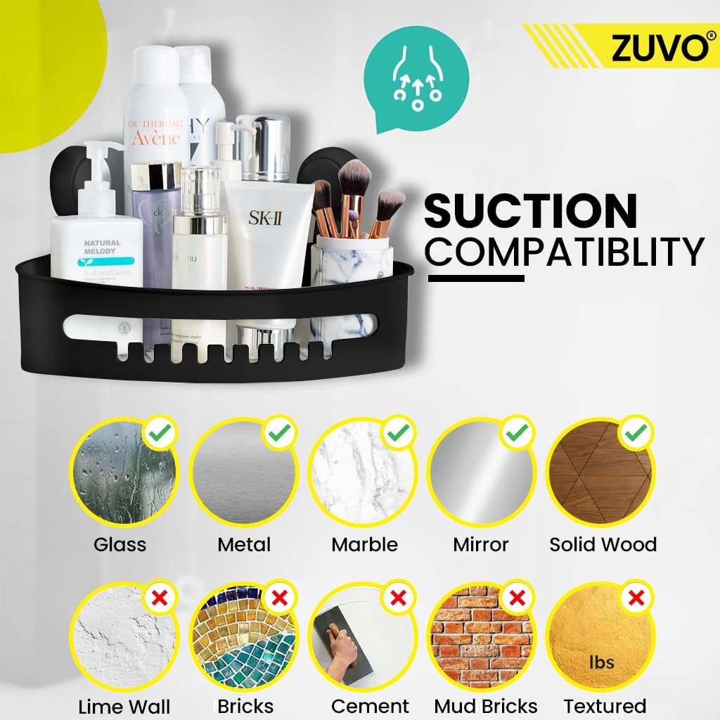 Zuvo No-Drill Shower Caddy Suction Cup Bathroom Shelf, Black