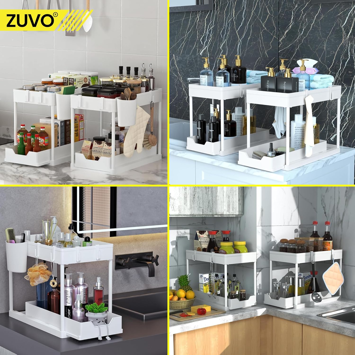 Zuvo Under Sink Storage Rack Heavy Duty White Organiser for Kitchen