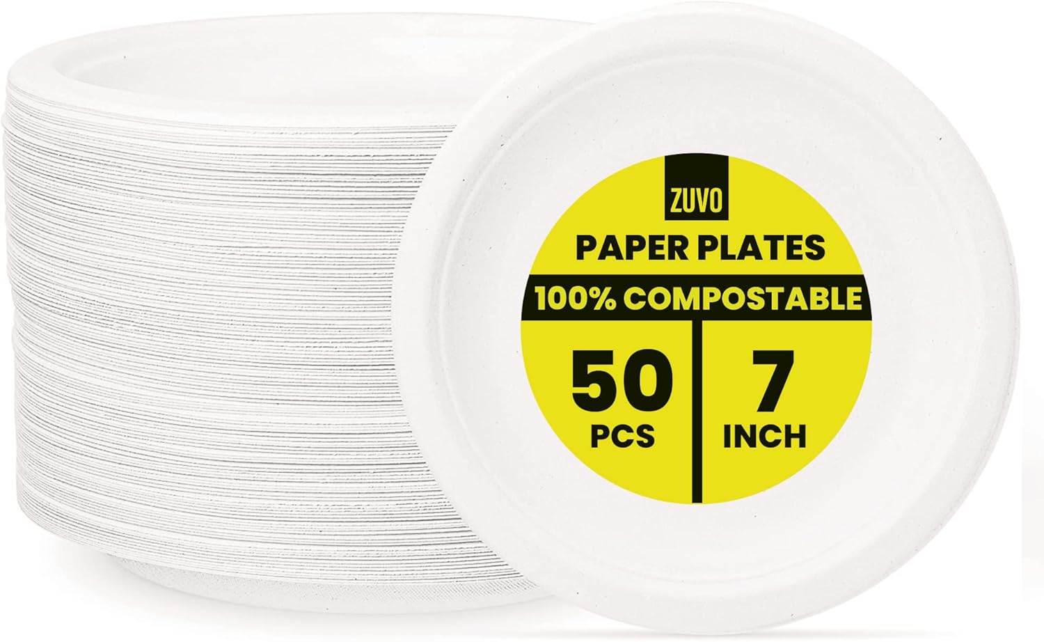 Zuvo 7 Inch Compostable Paper Plates 50 Pack – Eco Friendly Bagasse White