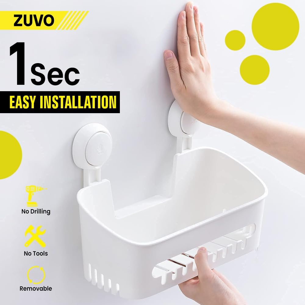 Zuvo No-Drill Shower Caddy – Suction Cup Bathroom Shelf, White