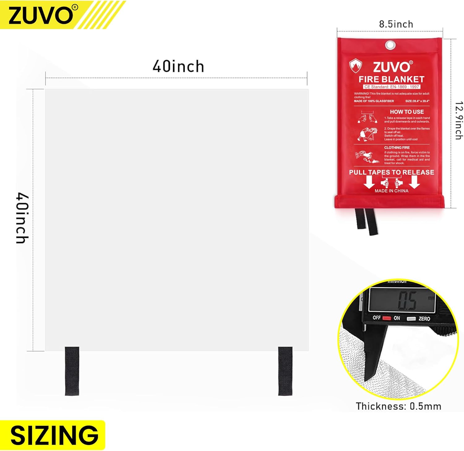 Zuvo Fire Blanket Certified Compact Emergency Safety for Home Kitchen
