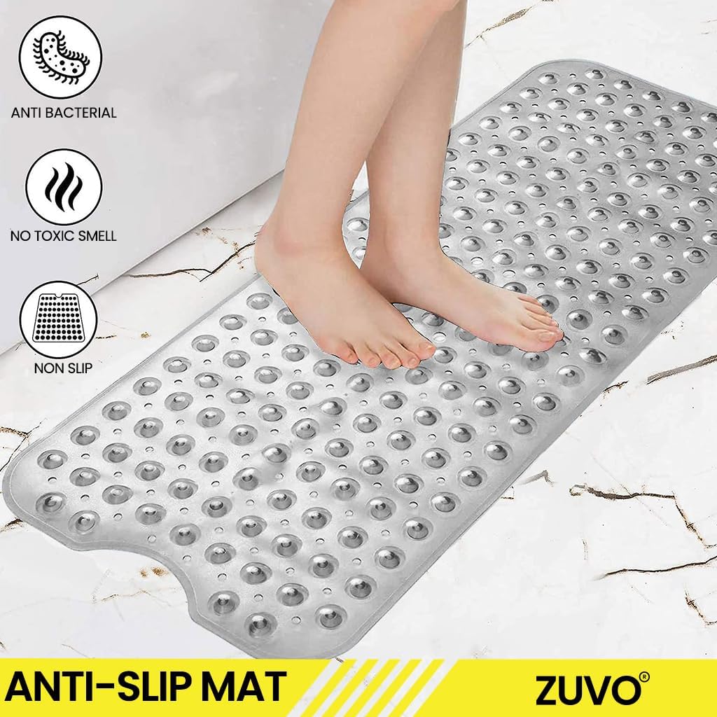 Zuvo Extra Long Non-Slip Bath Mat 100x40cm, Grey