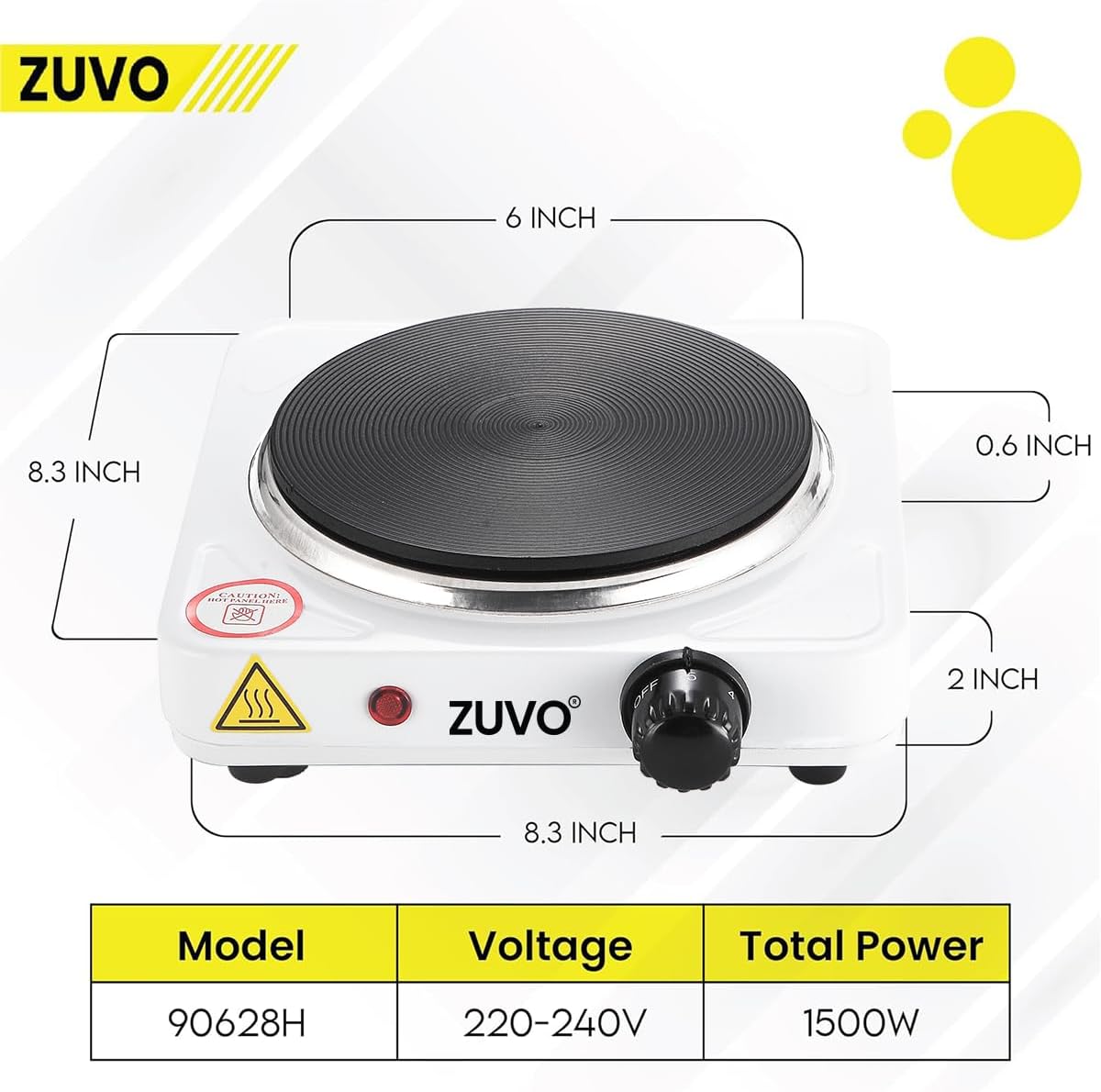 Zuvo 1500W Single Hot Plate Portable White Cast Iron Hob with Thermostat