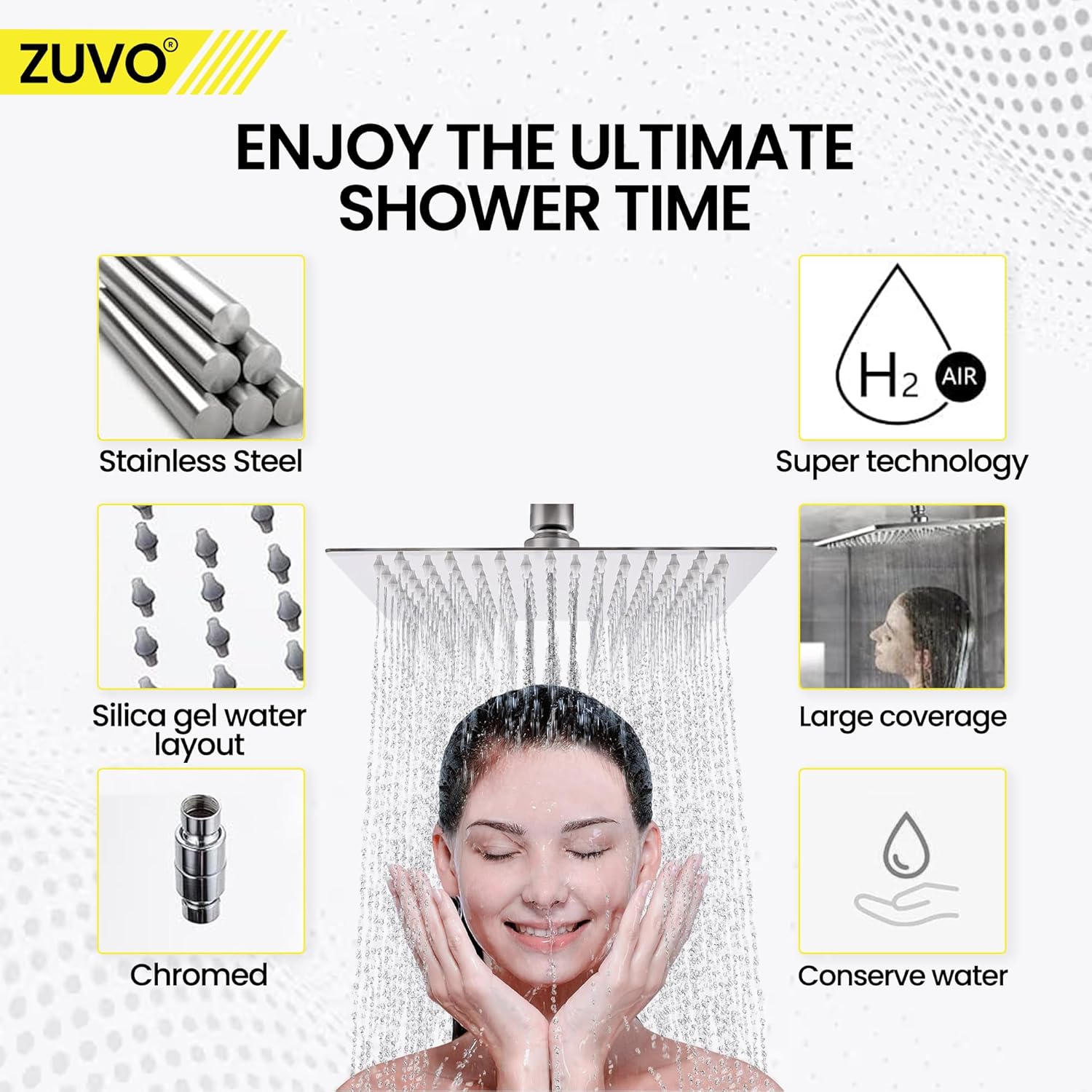 Zuvo 10 Inch Square Rainfall Shower Head 304 Stainless Steel High Pressure