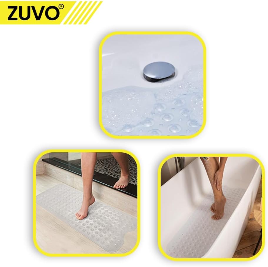 Zuvo Extra Long Non-Slip Bath Mat 100x40cm – Clear, Anti-Mould