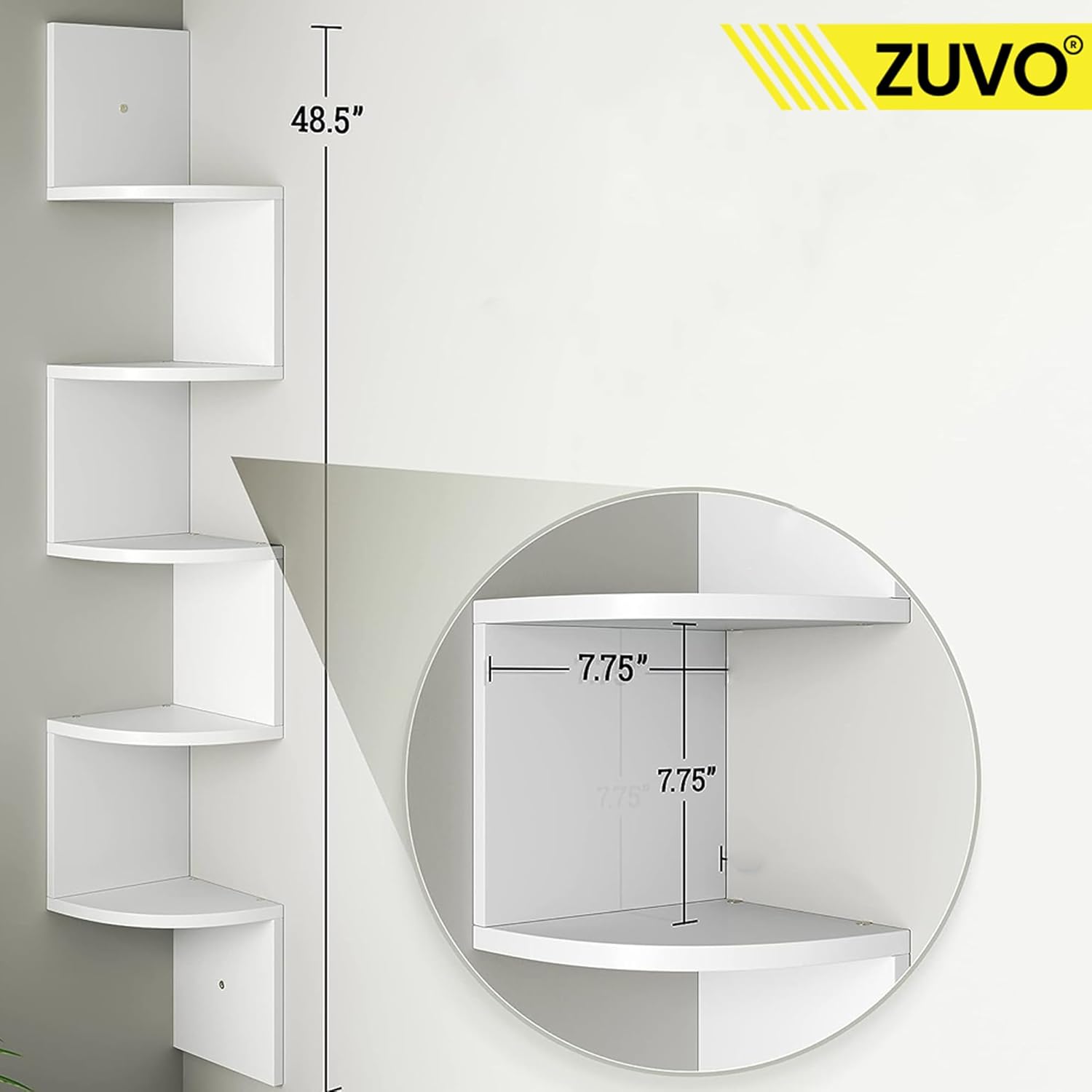 Zuvo Floating Corner Shelves 5 Tier White Zigzag Wall Mounted Bookshelf