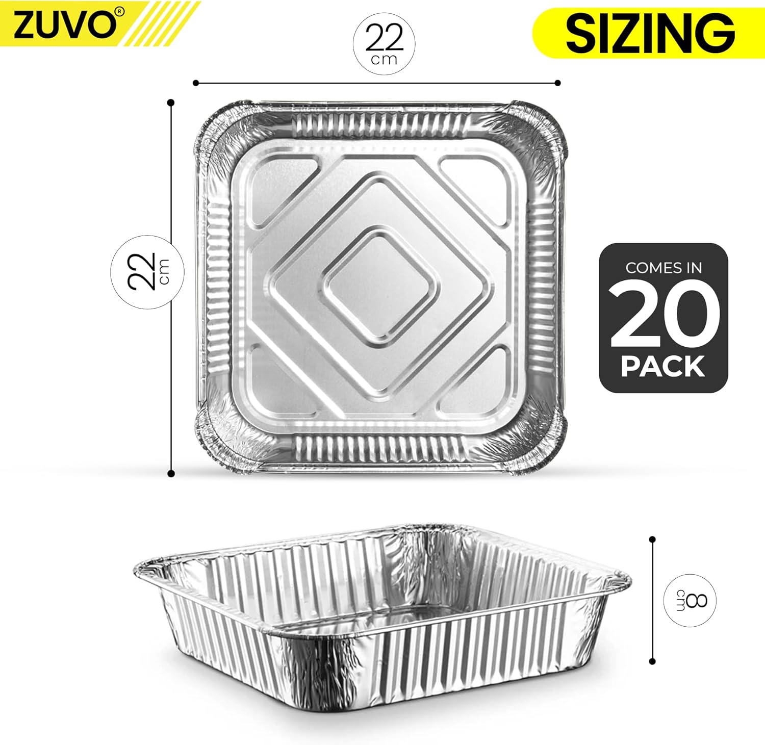 Zuvo 20 Pack Deep Aluminium Foil Trays with Paper Lids 22x22x8cm