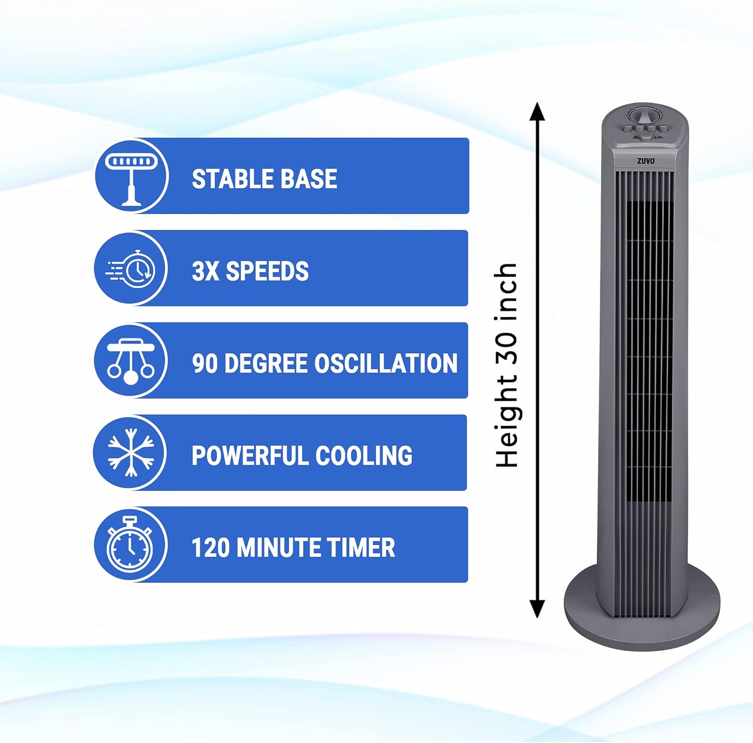 Zuvo 30in Oscillating Tower Fan 3 Speed with Timer Quiet Grey