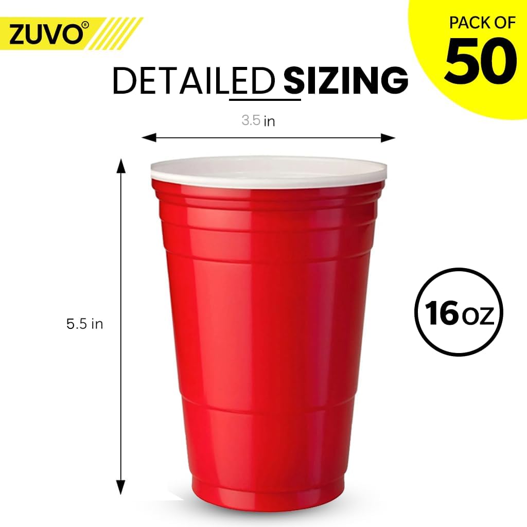 Zuvo Red Party Cups 16oz 50 Pack Durable Disposable Recyclable Drinkware
