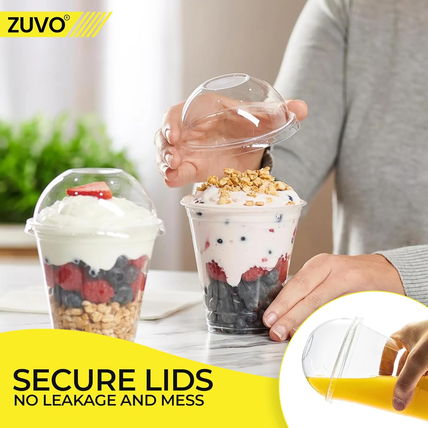Zuvo 50 Pack 16oz Clear Plastic Smoothie Cups with Dome Lids