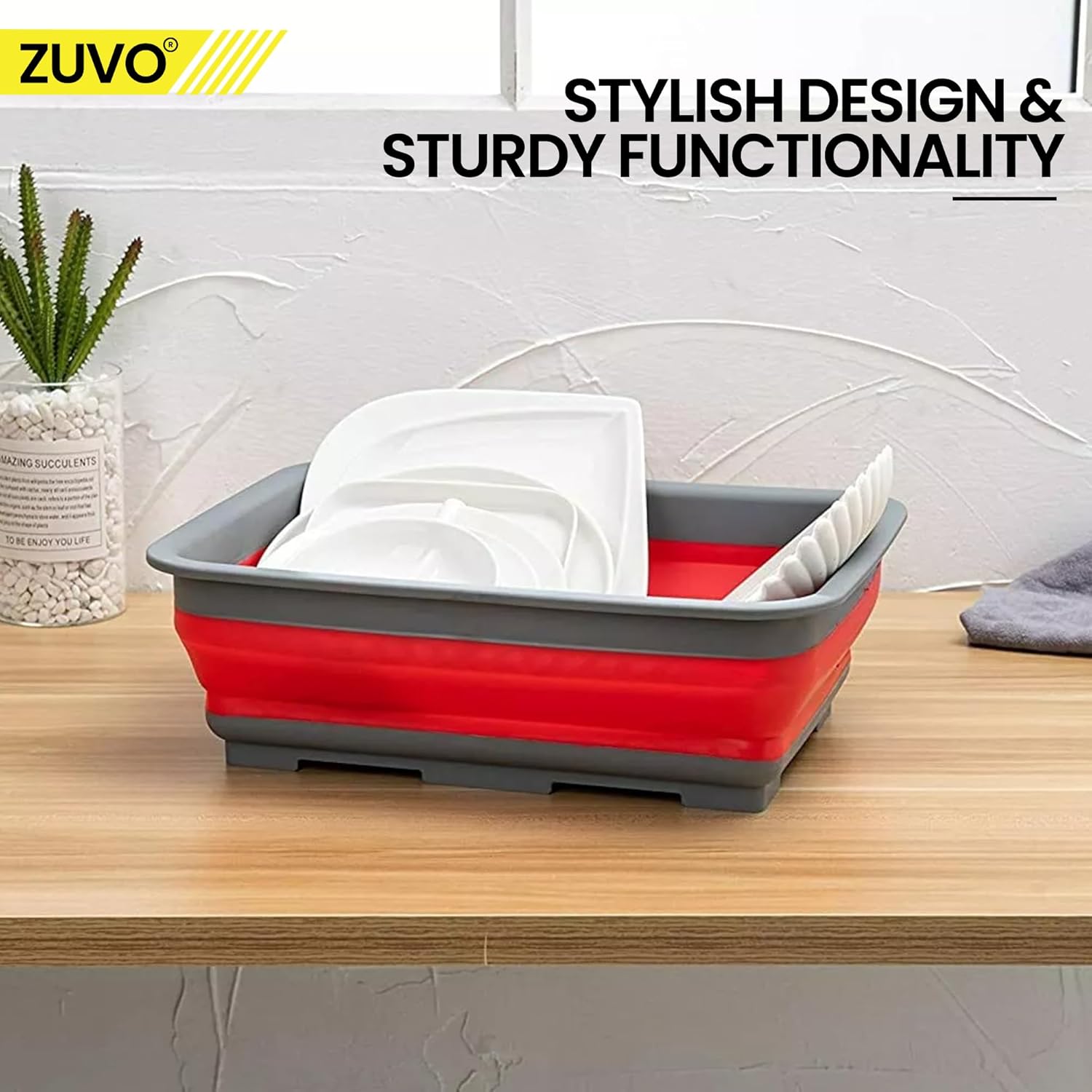 Zuvo Collapsible Washing Up Bowl 10L Foldable Sink Basin Red Grey
