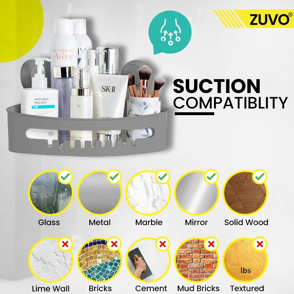 Zuvo No-Drill Shower Caddy – Suction Cup Bathroom Shelf, Grey