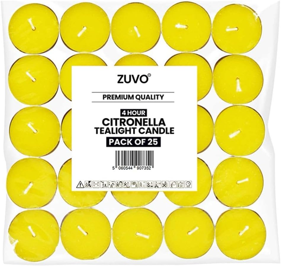 Zuvo Citronella Tea Lights 25 Pack 4 Hour Scented Insect Repellent