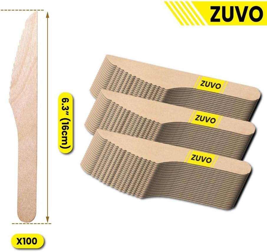 Zuvo Disposable Wooden Knives 100-Pack Eco-Friendly Birch