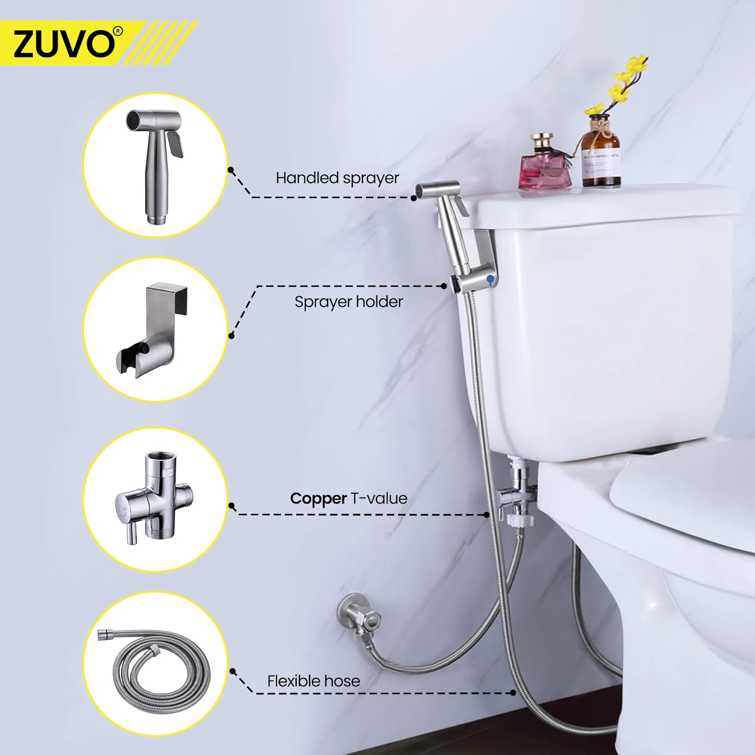Zuvo 304 Stainless Steel Handheld Bidet Sprayer 1.5M Hose