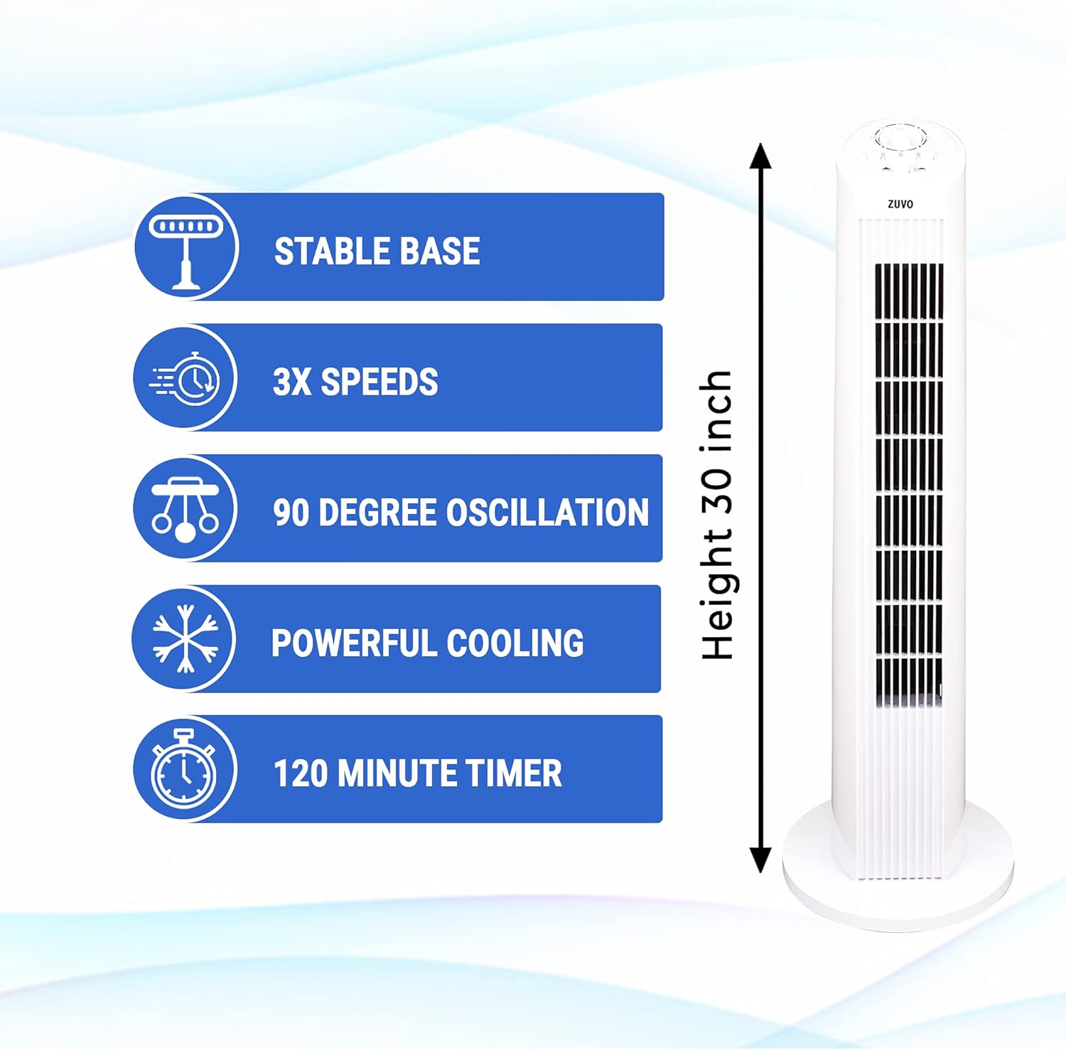 Zuvo 30in Oscillating Tower Fan 3 Speed with Timer Quiet White