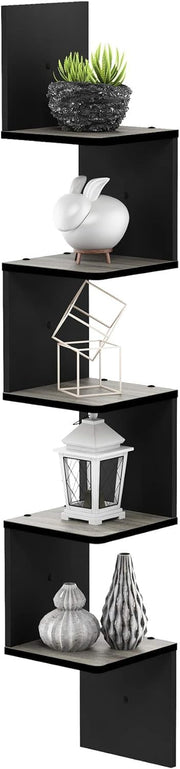 Zuvo Floating Corner Shelves 5 Tier Black Zigzag Wall Mounted Bookshelf