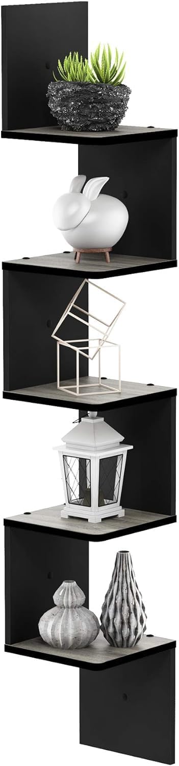 Zuvo Floating Corner Shelves 5 Tier Black Zigzag Wall Mounted Bookshelf