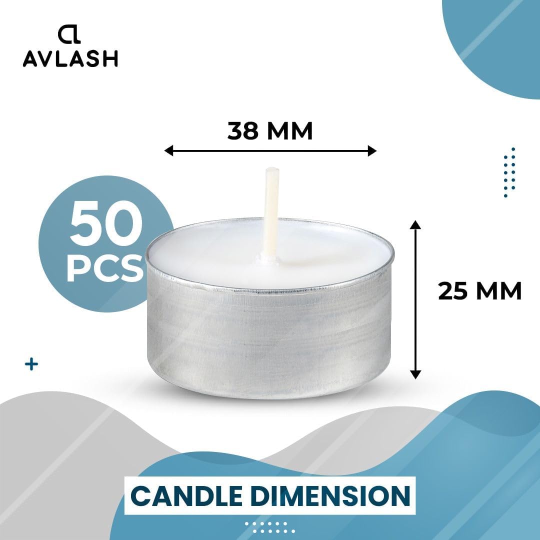 Avlash 8 Hour Tea Light Candles Pack of 50 Unscented Long Burn White