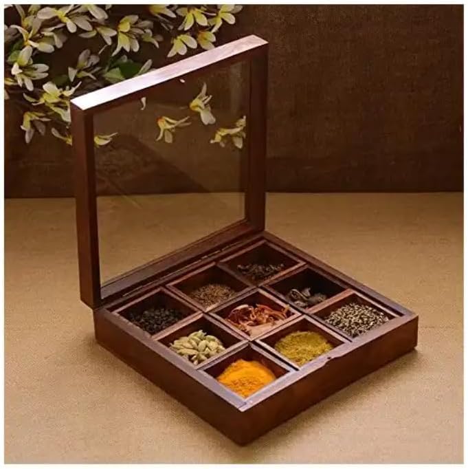 Wooden Spice Rack Box with Lid – 9 Compartment Masala Dabba 8x8 Inch