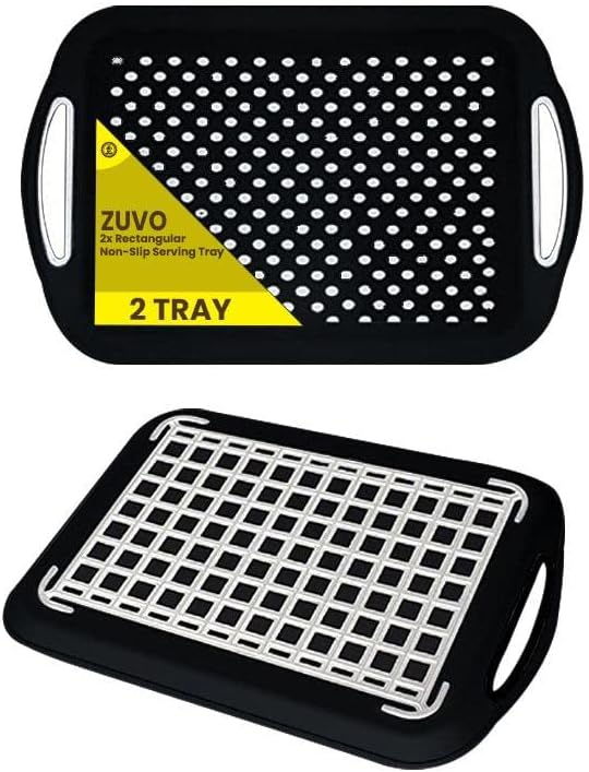 Zuvo 2Pcs Anti-Slip Food Serving Tray with Handles, Multipurpose Non-Slic Dinner/Drinks Serving Trays with High Grip Rubber, Ideal for All Homes (Black)