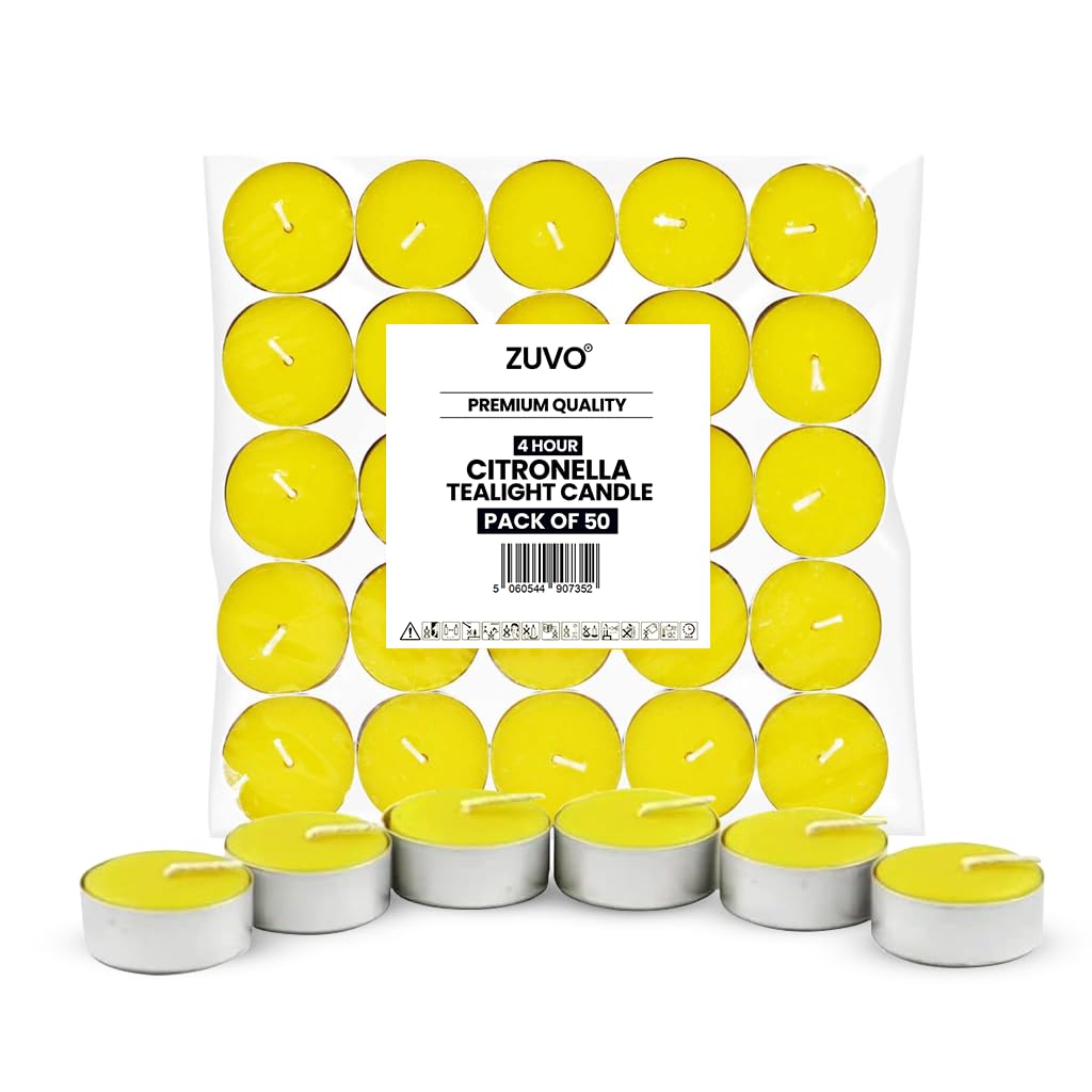 Citronella Tea Lights Candles (25 Pack) - 4 Hour Burn Tea Lights - Anti Mosquito Citronella Candles - 3.8 x 2.3 cm - 4hr - Zuvo [Energy Class A++], Yellow