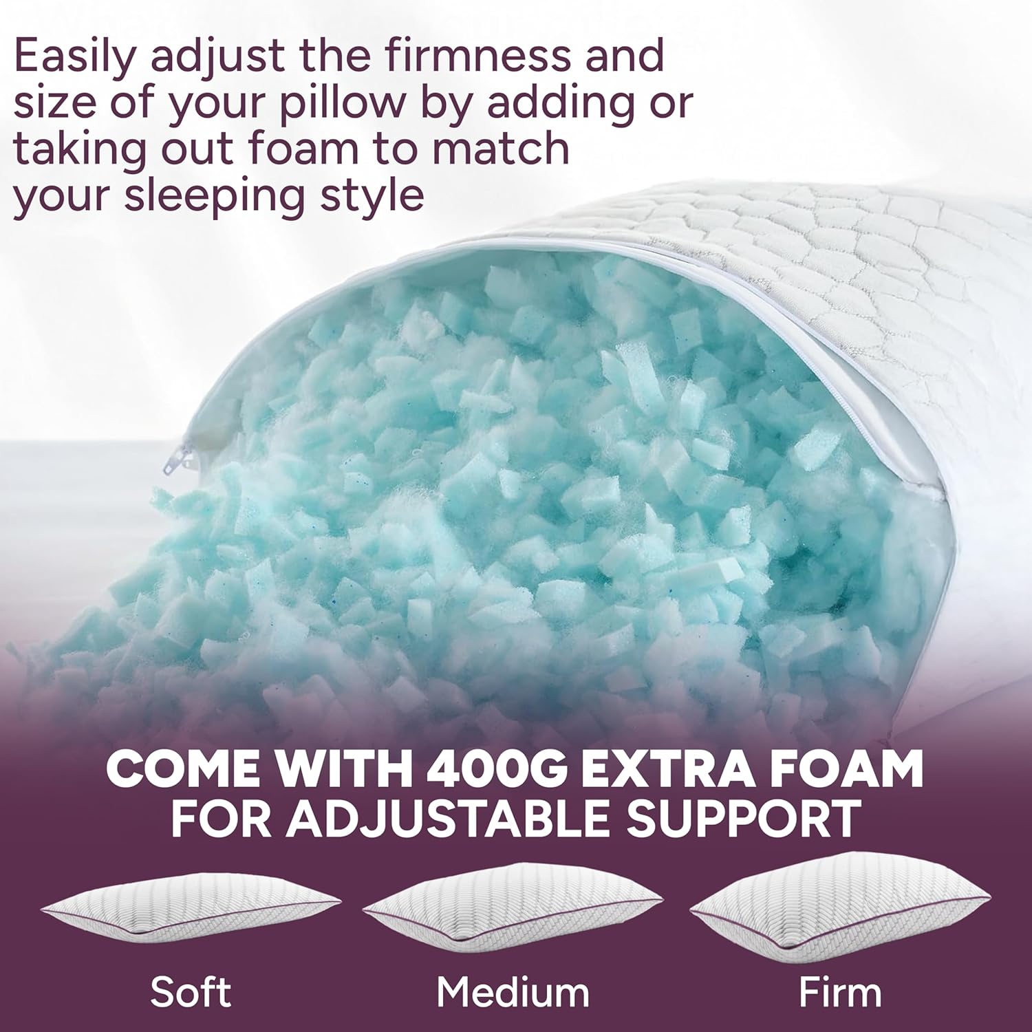 Adjustable Shredded Memory Foam Pillow for Neck and Shoulder Support Customisable for Side and Back Sleepers Pack of 2