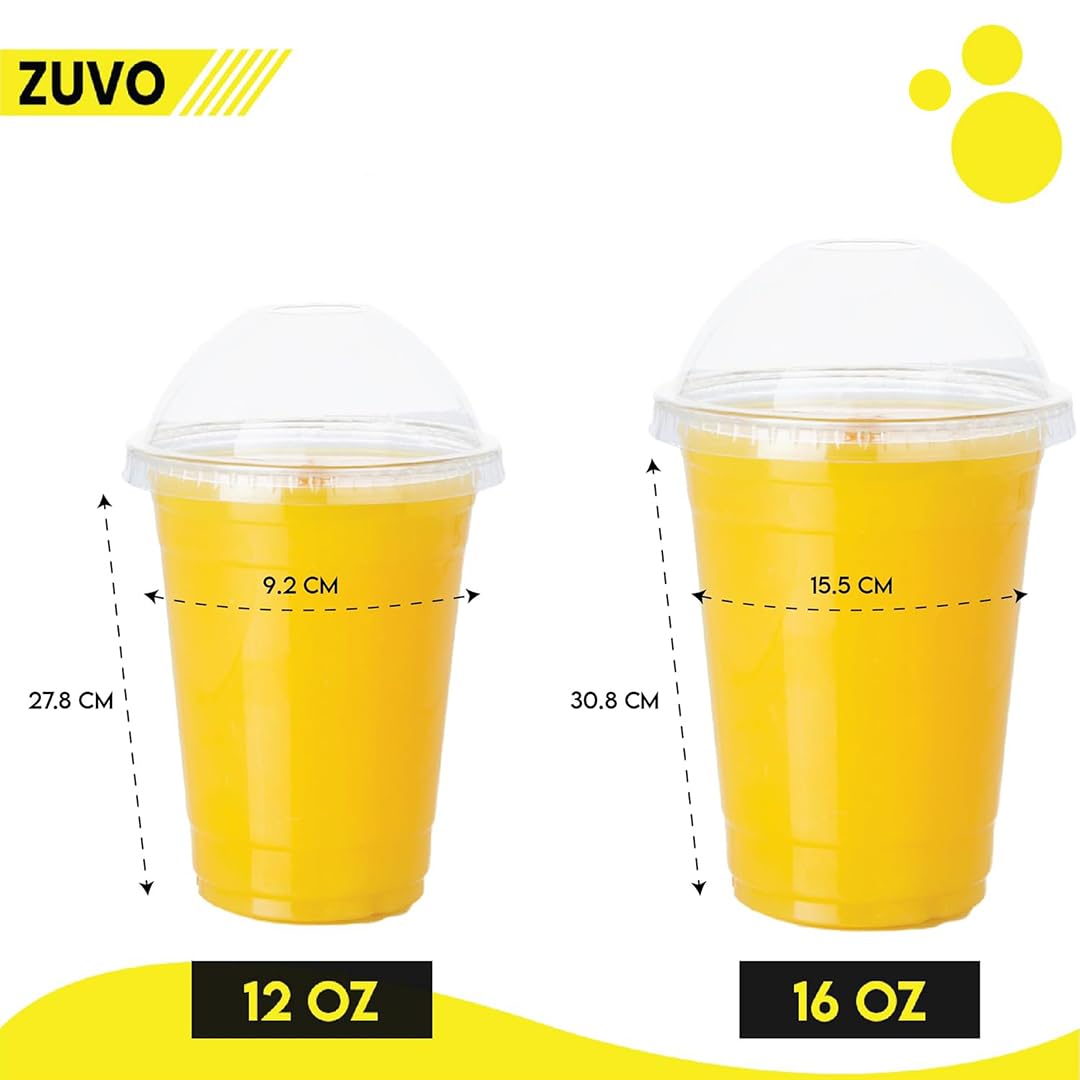 Zuvo 12oz Plastic Smoothie Cups with Dome Lids Pack of 50 Clear Strong