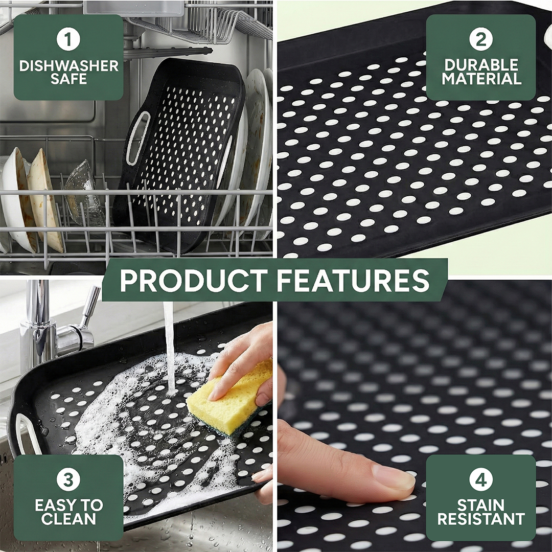 Zuvo Anti-Slip Serving Tray Set of 2 – BPA Free Plastic with Handles Black