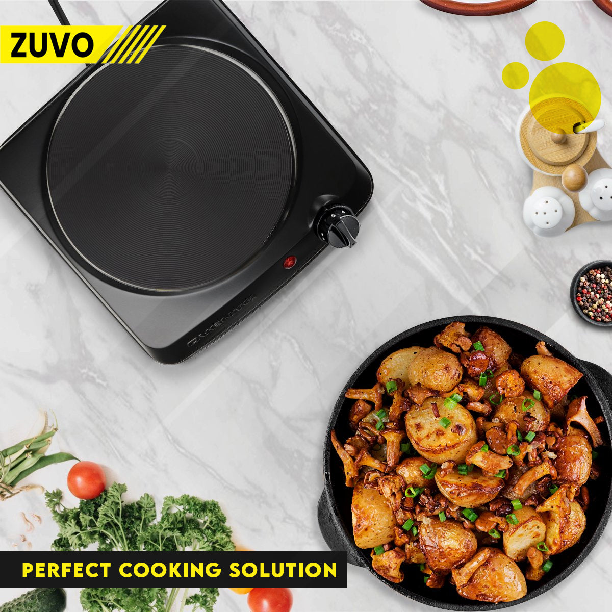 1500W Single Hot Plate - Black Ring Stove Hob - Portable & with Adjustable Thermostat - Cast Iron Heating Plate - Best for Cooking - Zuvo