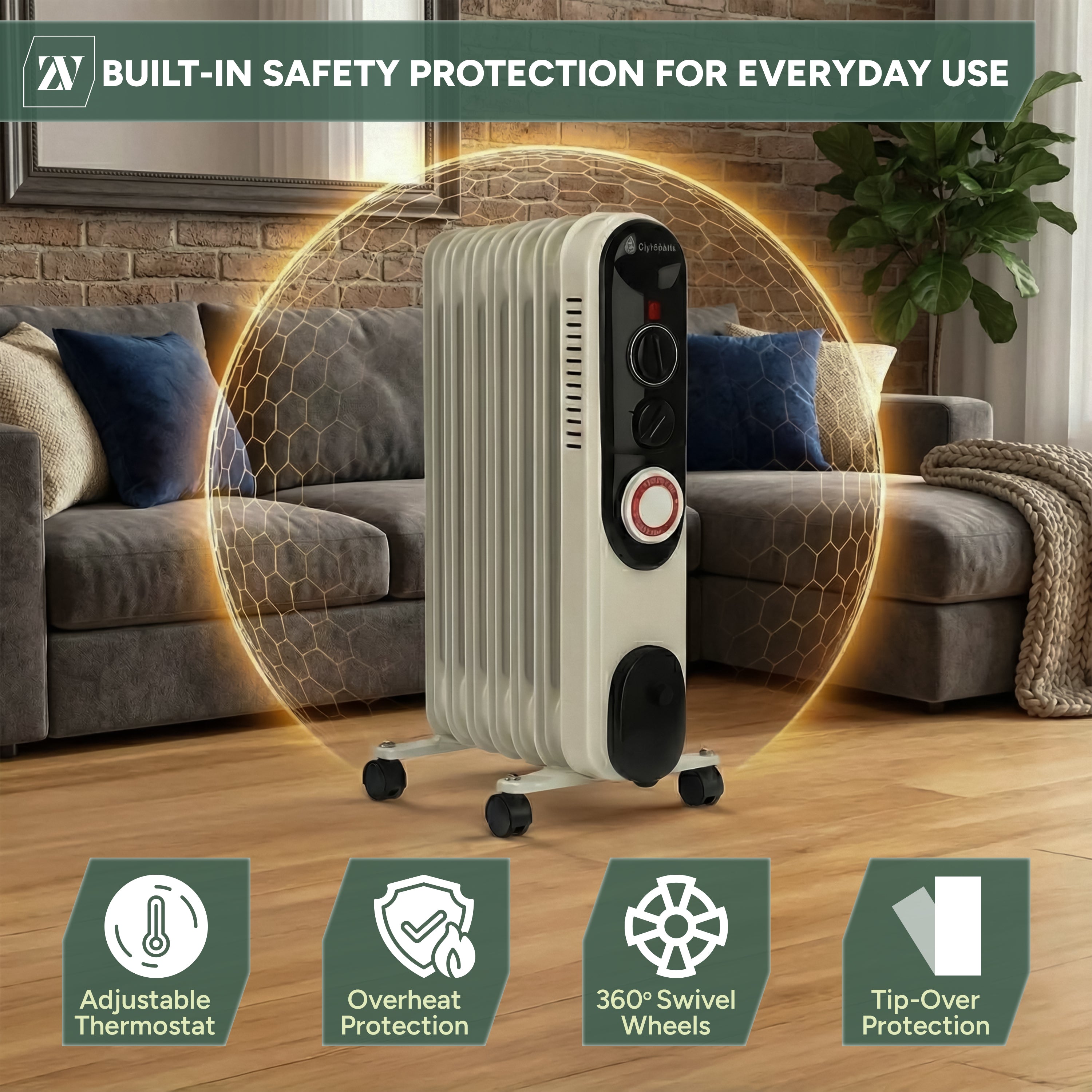 Zuvo 2500W Oil Filled Radiator Portable Heater with 11 Fins and Timer