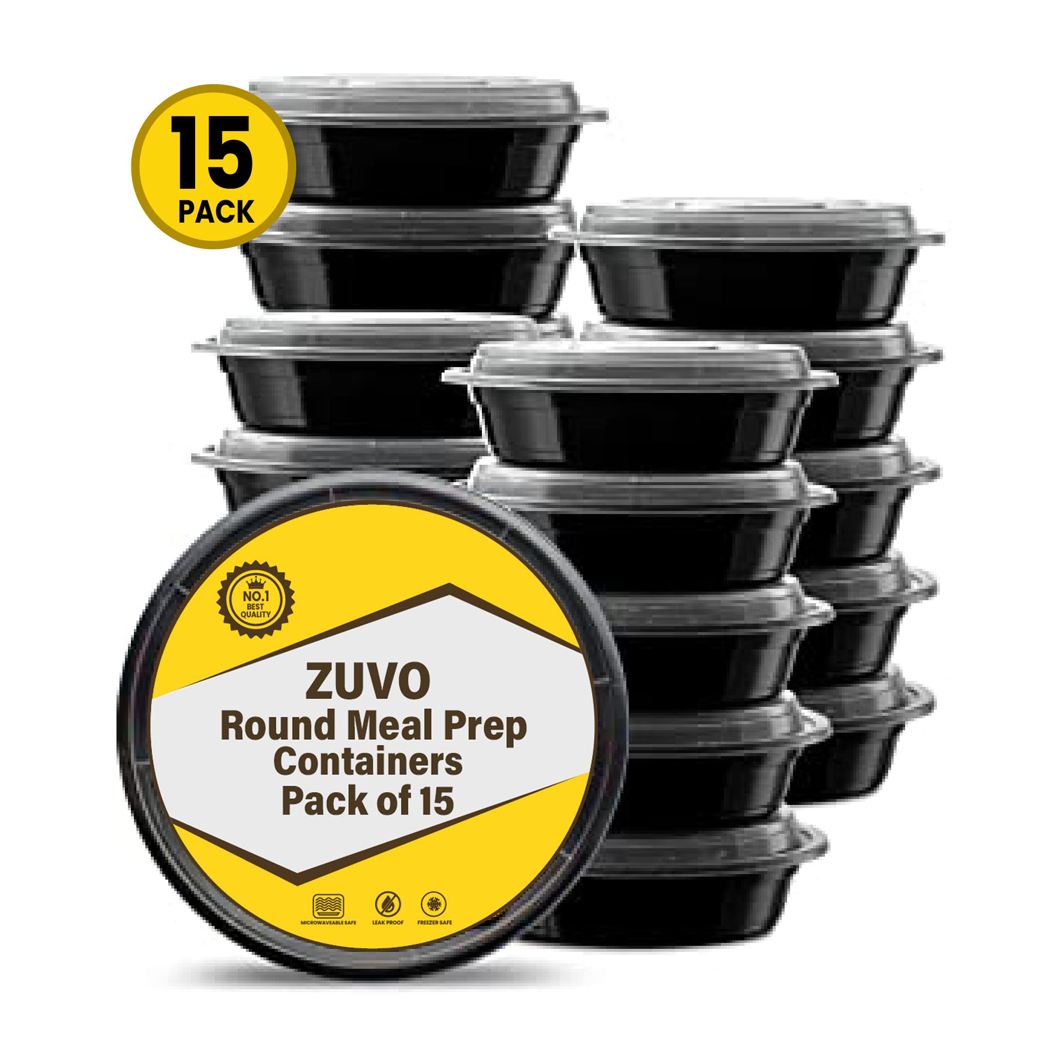 Zuvo 25oz Round Meal Prep Containers with Lids Pack of 15 Reusable