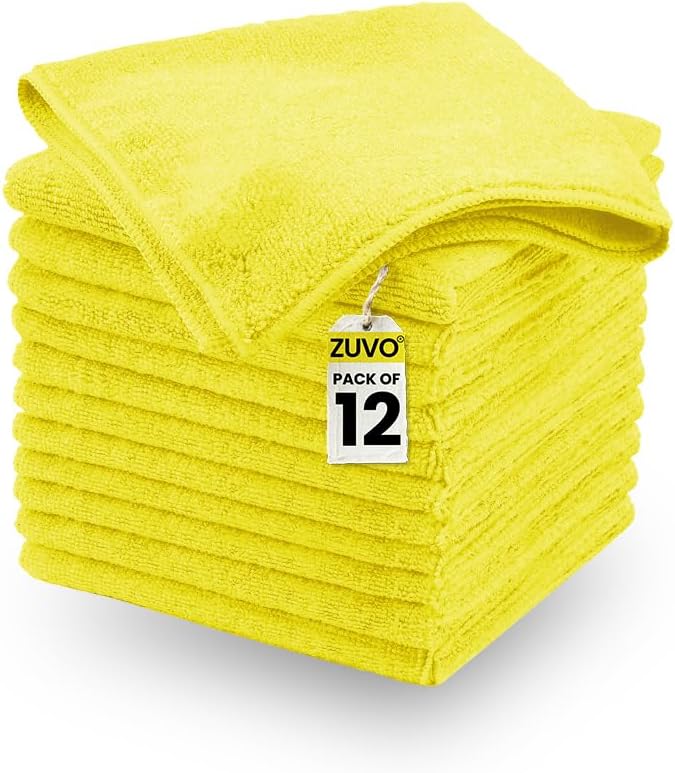 Zuvo Microfibre Cloths 12 Pack 32x32cm Yellow Lint Free Cleaning Rags