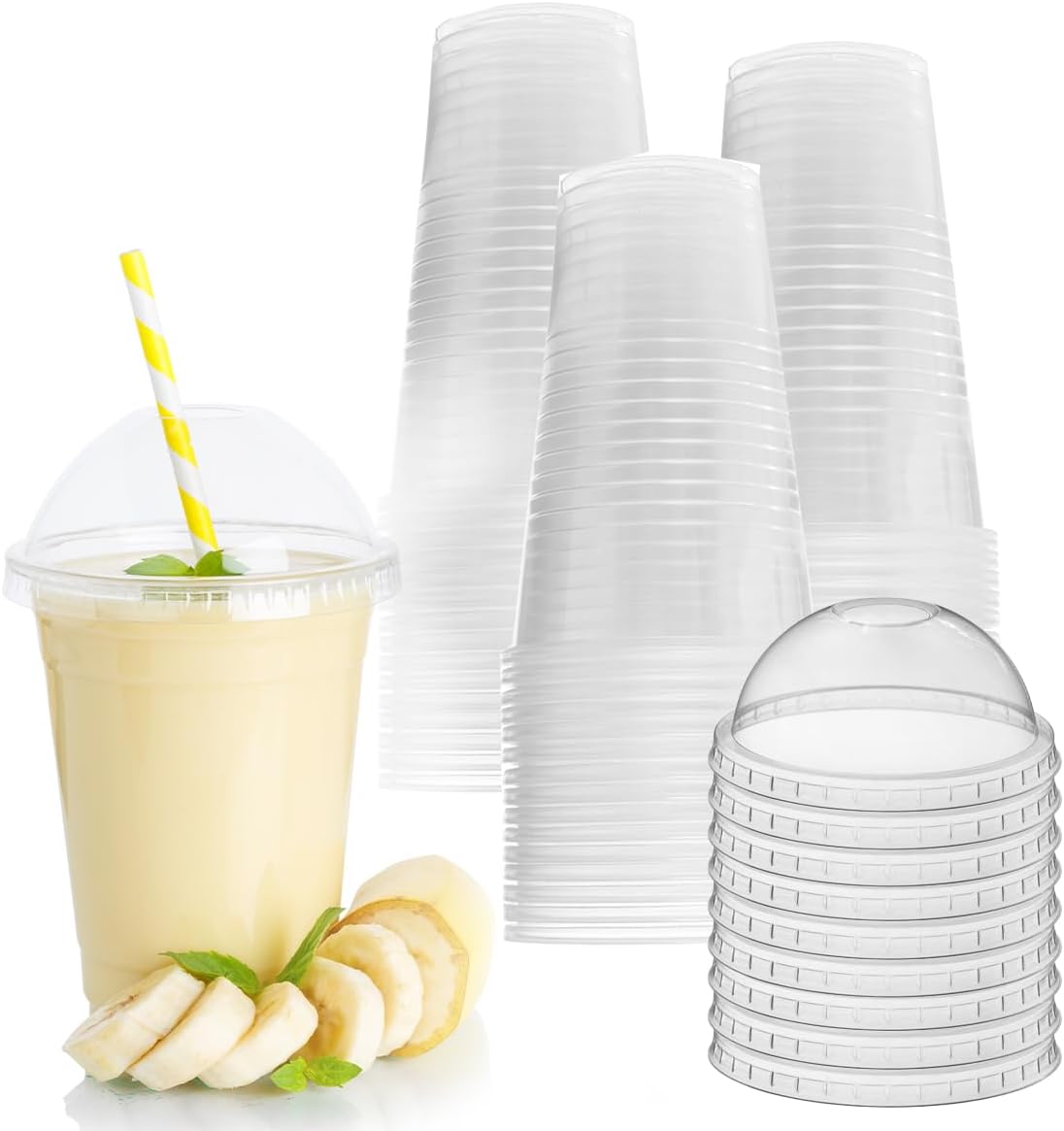 Zuvo Plastic Smoothie Cups with Dome Lids - 16 OZ (Pack of 50) - Strong Clear Plastic Cups for Milkshakes, Smoothies, Iced Coffee, Slusly and Bubble Tea - 100% Reusable Cups