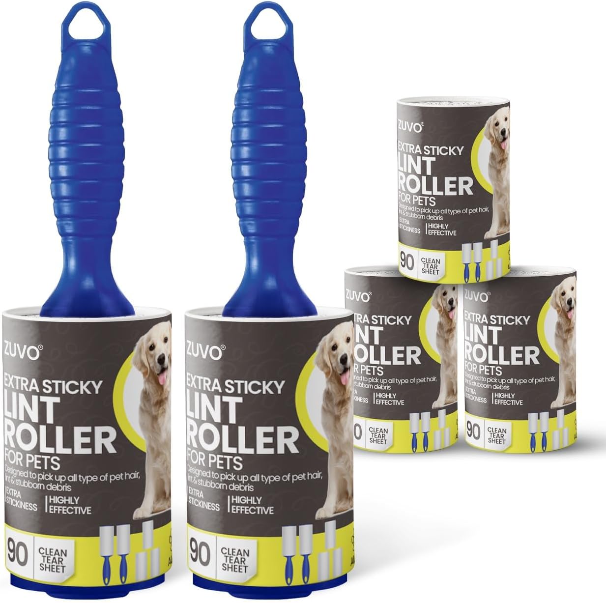 Zuvo Lint Roller Extra Sticky Pet Hair Remover with 2 Handles 5 Refills