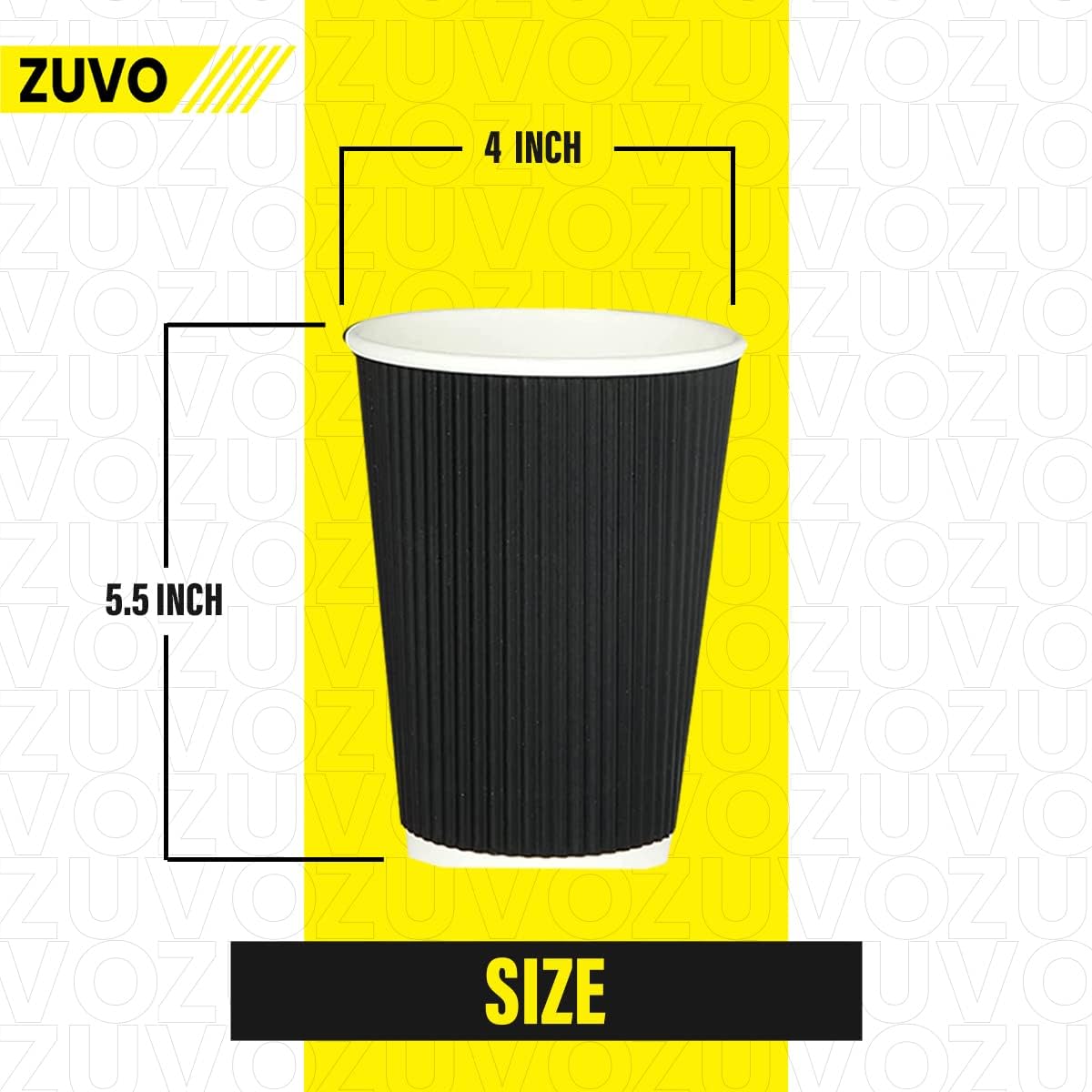 Zuvo [50 Pack Takeaway Coffee Cups with Lids | Disposable Insulated Triple Wall Ripple Kraft Paper Coffee Cups for Takeaway Coffee, Tea or hot Liquids | Pack of 50, Black