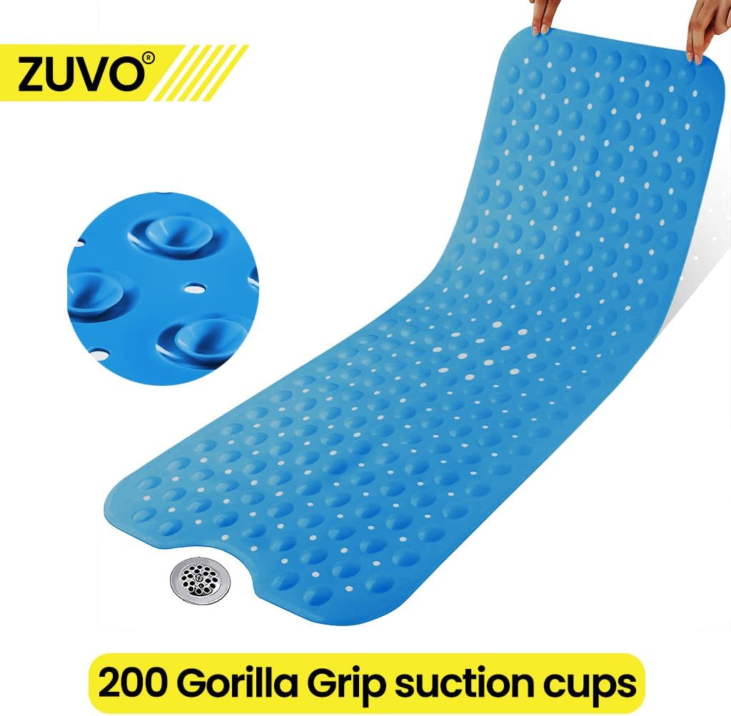 Bath Mat Non Slip with Anti Mold & Powerful Suction Quality - Extra Long 100 x 40 CM - Blue Machine Washable Non Slip Bath Mat for Inside Bath - Ideal for Elderly & Children's Bath Tubs - Zuvo