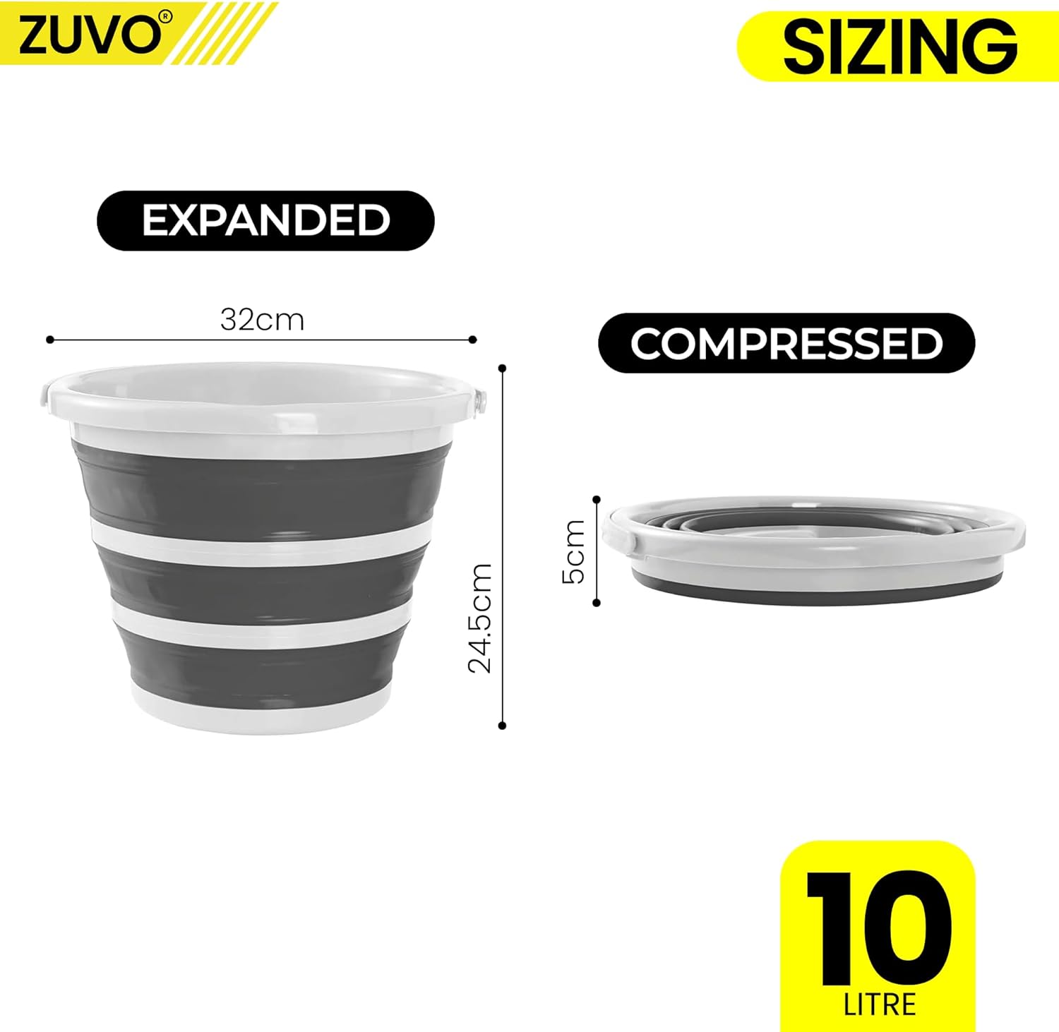 Zuvo Collapsible Bucket 10L Silicone Folding Mop Bucket White Grey