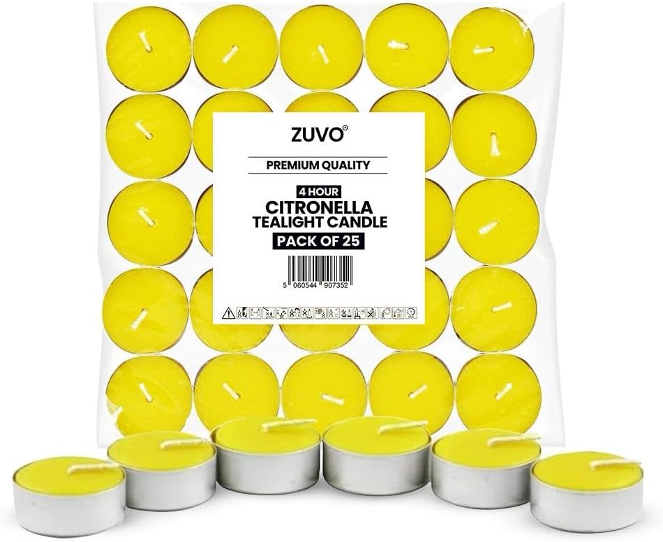 Zuvo Citronella Tealights - Pack of 25, 4-Hour Burn Scented Candles for Indoor & Outdoor Use, Insect-Repellent Tea Lights for Patio, Garden & Home. [Energy Class A++]