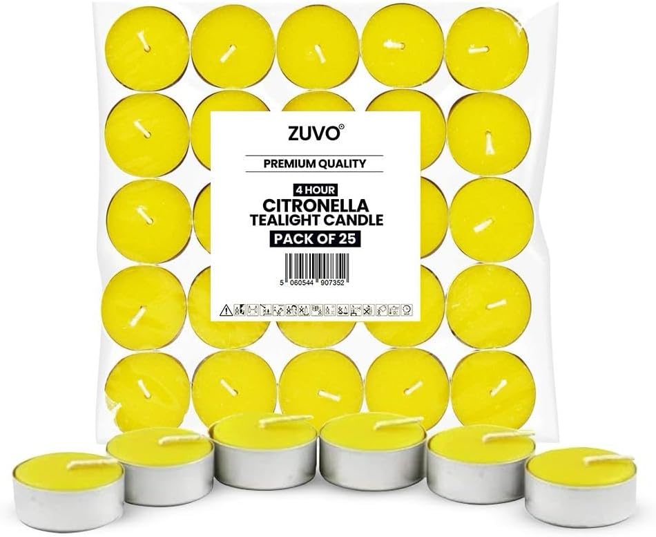 Citronella Tea Lights Candles (25 Pack) - 4 Hour Burn Tea Lights - Anti Mosquito Citronella Candles - 3.8 x 2.3 cm - 4hr - Zuvo [Energy Class A++], Yellow