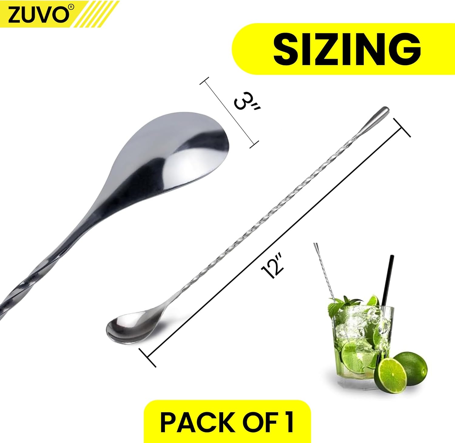 Cocktail Stirrers - Stainless 12 Inch Long Spoon for Mixing Cocktails with Spiral Pattern - Cocktail Stirrer for Bar & Home - Zuvo, Silver