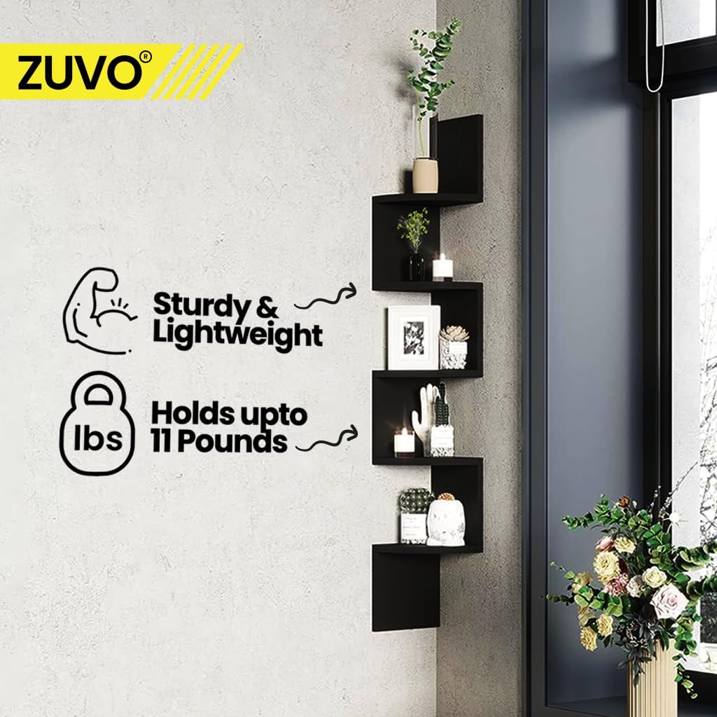 Zuvo Floating Corner Shelves - 5 Tier - Black Corner Shelf for Books, Living Room, Study, Kitchen, Bedroom - Beautiful Zigzag Design Shelves 20D x 20W x 127.5H