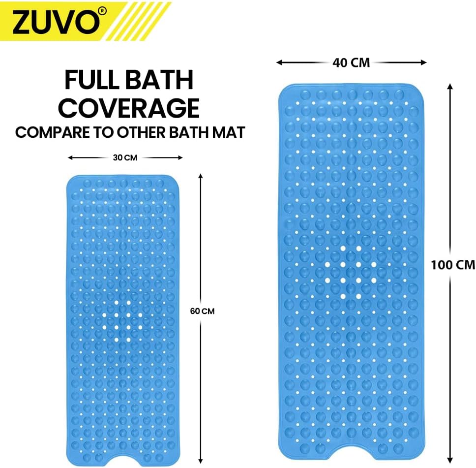 Bath Mat Non Slip with Anti Mold & Powerful Suction Quality - Extra Long 100 x 40 CM - Blue Machine Washable Non Slip Bath Mat for Inside Bath - Ideal for Elderly & Children's Bath Tubs - Zuvo