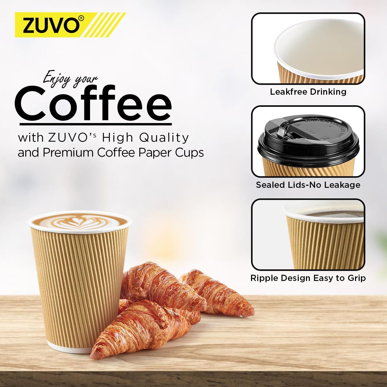 Zuvo Ripple Coffee Cups 8oz 30-Pack with Lids, Brown
