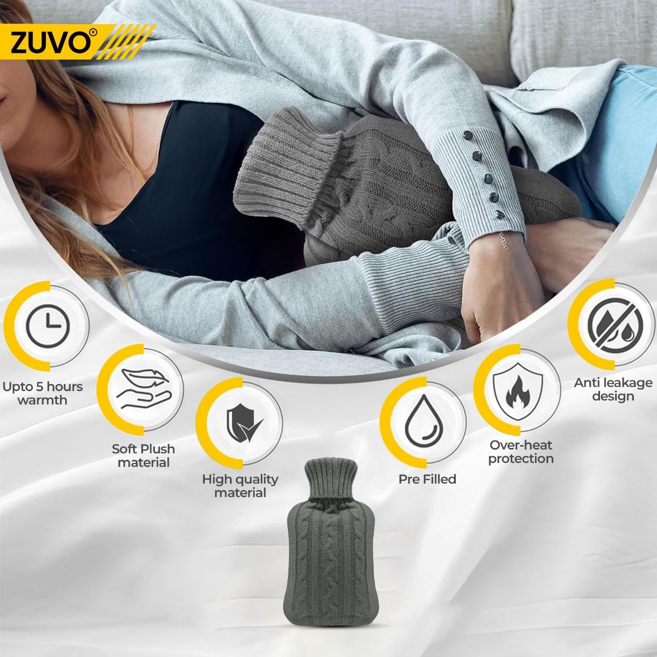 Zuvo 2L Hot Water Bottle with Grey Soft Knitted Cover Leakproof BPA Free