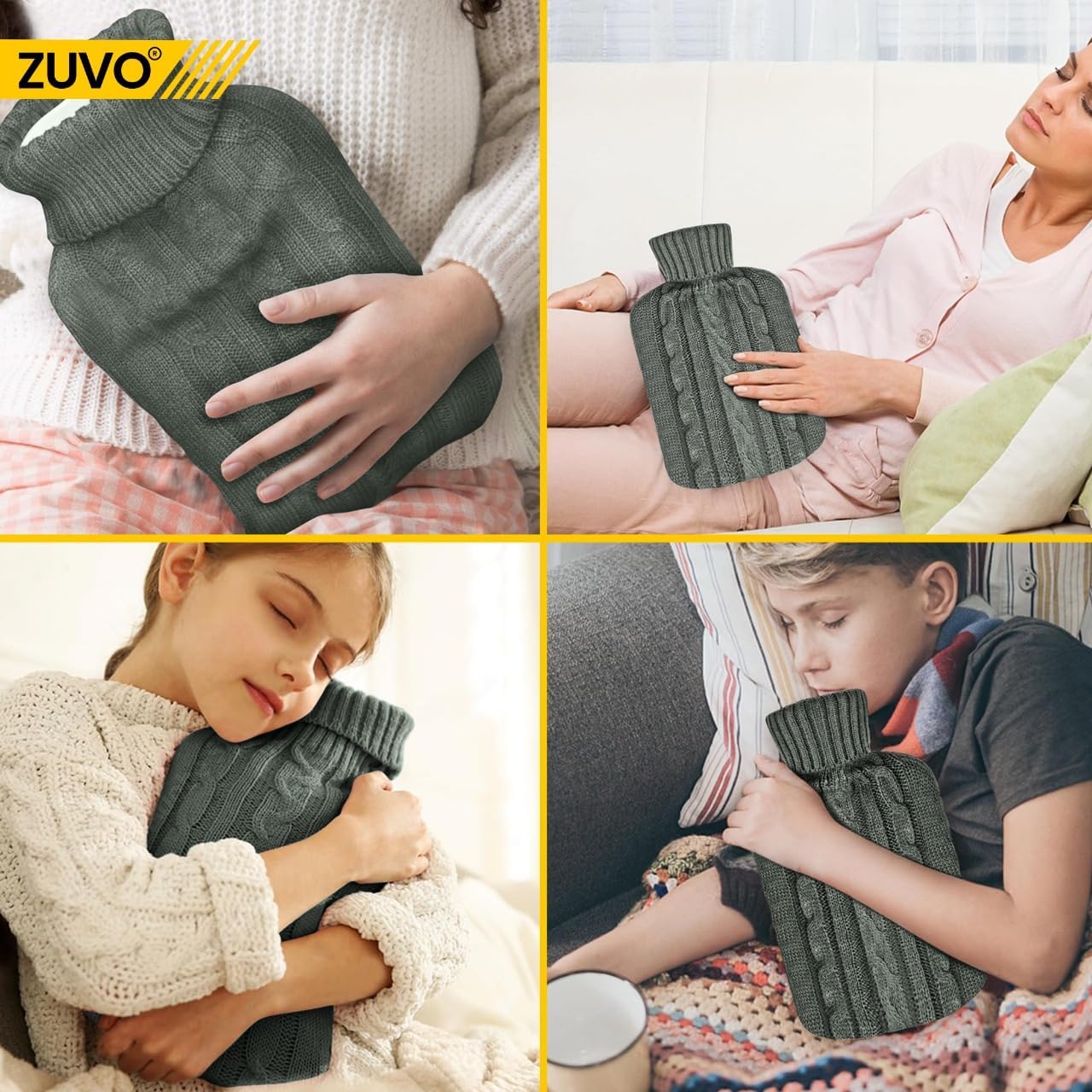 Zuvo 2L Hot Water Bottle with Grey Soft Knitted Cover Leakproof BPA Free