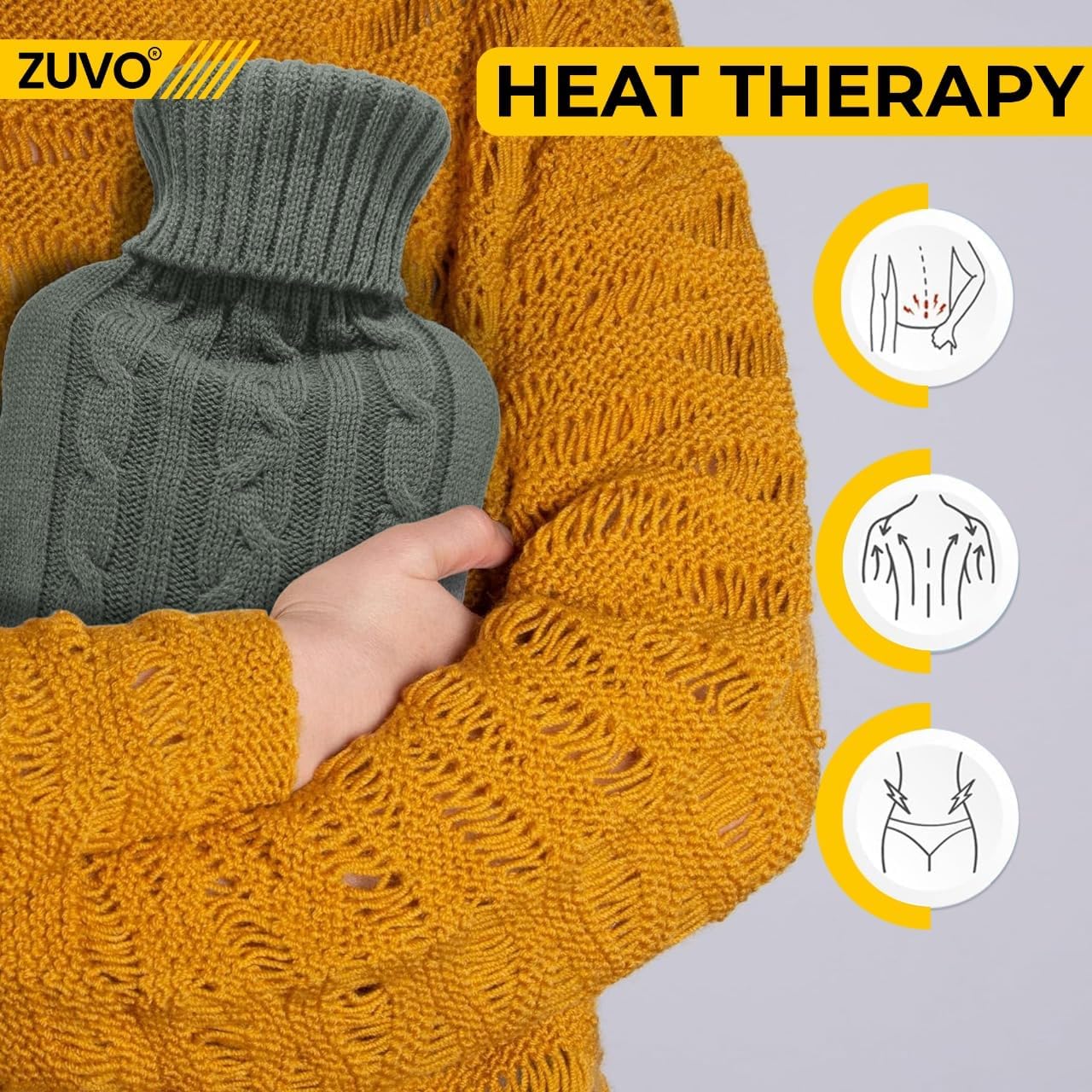 Zuvo 2L Hot Water Bottle with Grey Soft Knitted Cover Leakproof BPA Free