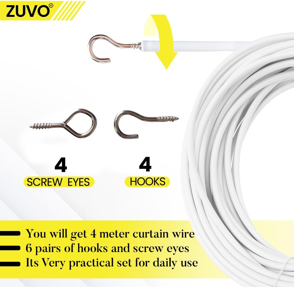 Zuvo Net Curtain Wire with Hooks and Eyes - 3 m Extra Strong Curtain Wire with 4 Hooks and Eyes - Perfect Curtain Wire Kit, White