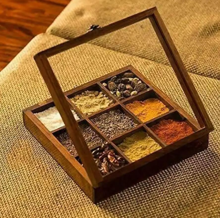 Wooden Spice Rack Box with Lid – 9 Compartment Masala Dabba 8x8 Inch