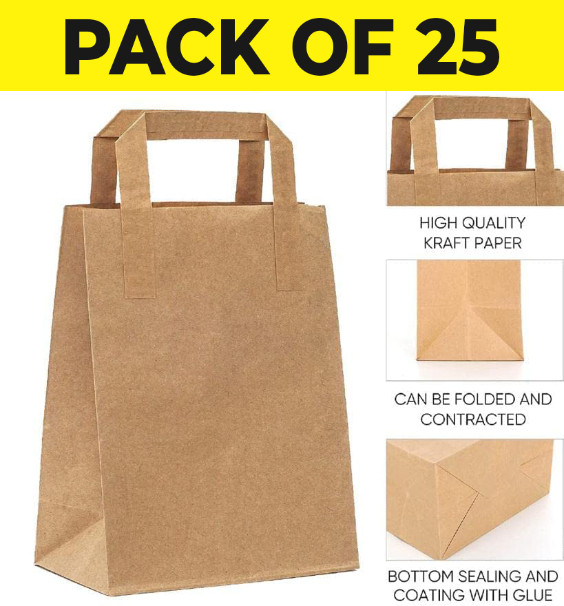 [25 Pack] Brown Kraft Paper Bags with Handles, Small Gift Bags, kraft Paper Party Bags, Shopping Bags, Bown Craft Bags, Zuvo (18 x 21 x 09 cm)